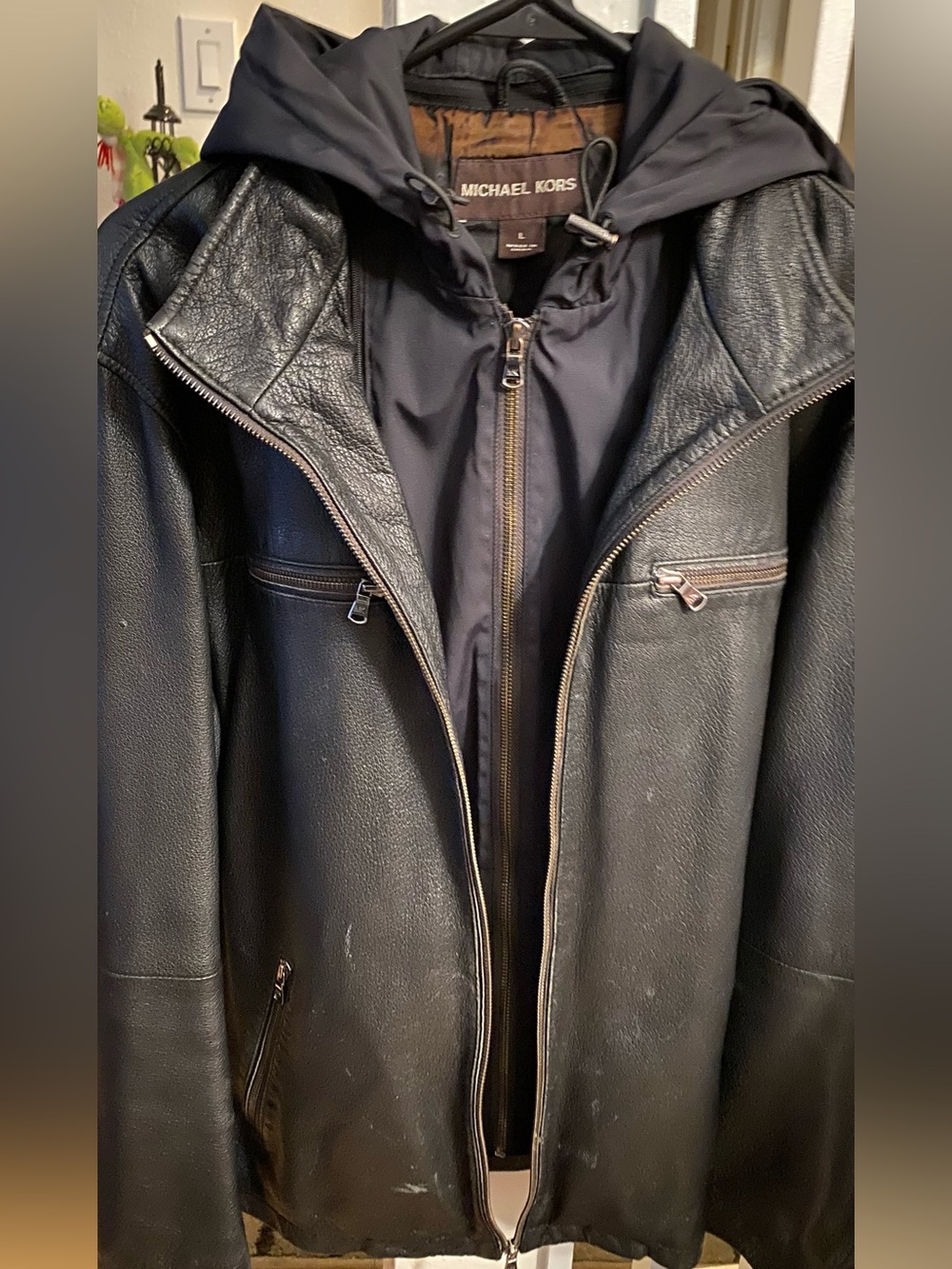 Limited Edition Michael Kors Black Leather Bomber Jacket with Hooded Insert